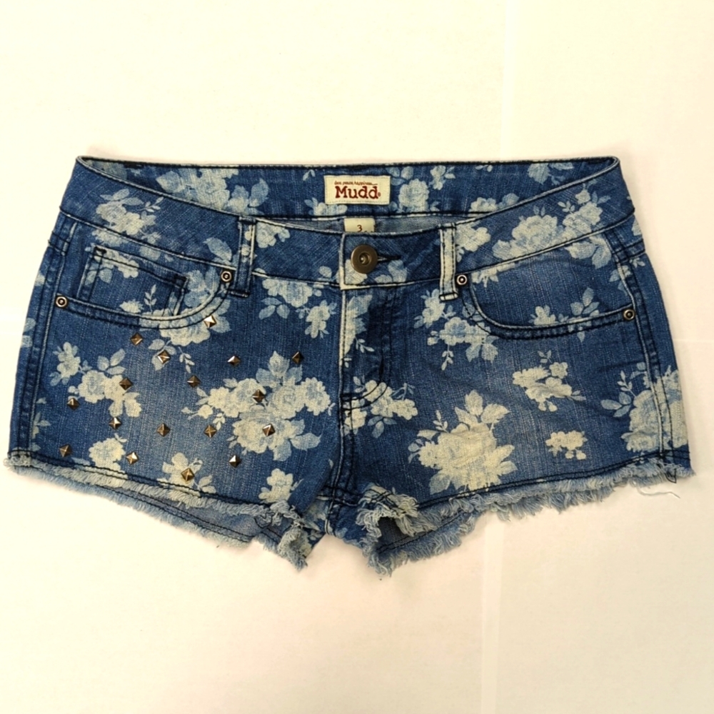 Mudd Size 3 Blue Acid Wash Floral Shorts